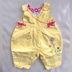 0-3M Sweet Sunshine Yellow & Pink Bows Romper Jumpsuit, Embroidered Flowers